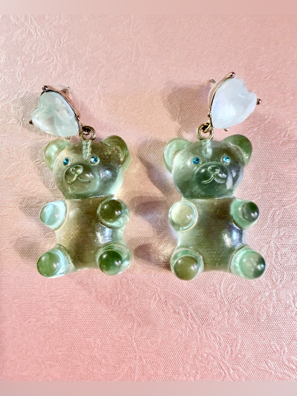 Betsey Johnson Translucent Green Bear Drop Earrings with White Heart Studs